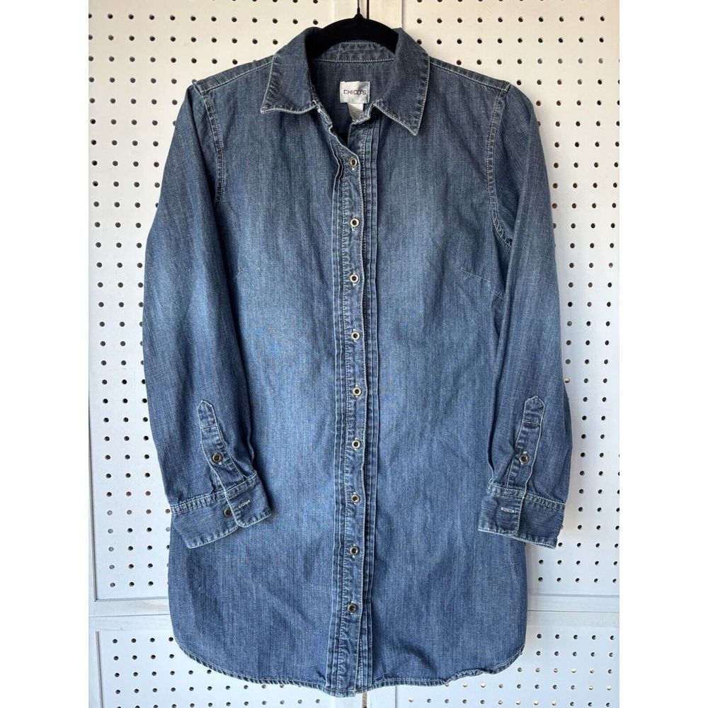 Women's‎ Size 0 Chico's 100% Cotton Denim Shirt Dress Long Sleeve